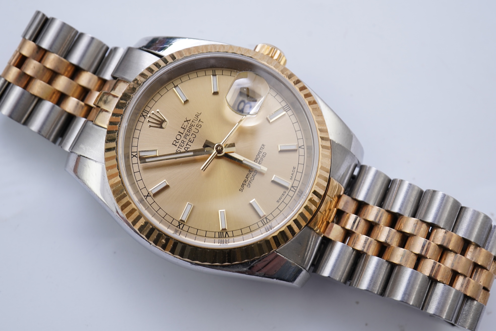 A gentleman's 1990's stainless steel and gold Rolex Oyster Perpetual Datejust wrist watch, on a stainless steel and gold Rolex bracelet